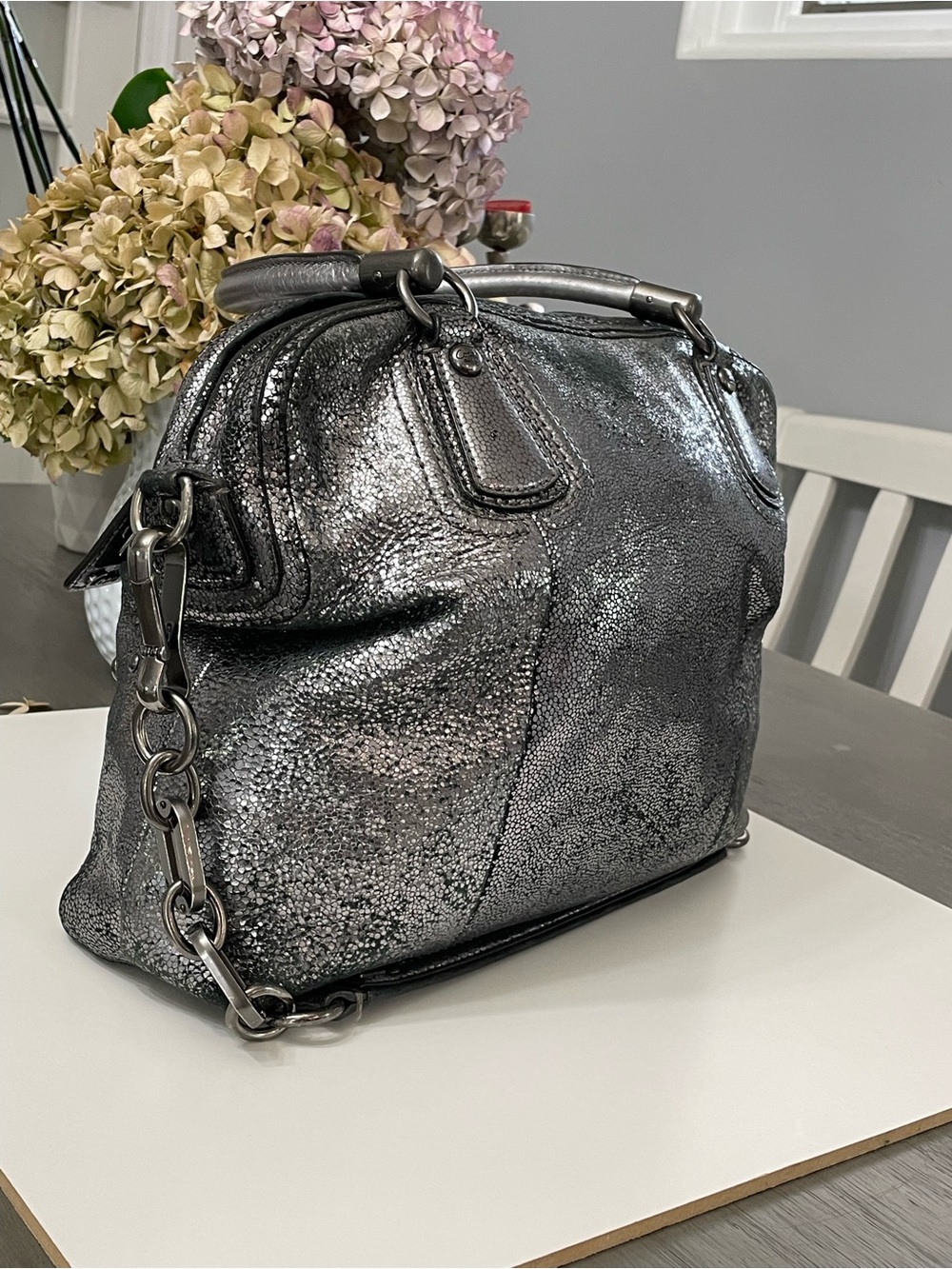 Coach Studded Metallic Leather Satchel Shoulder Bag Gunmetal Silver Purse EUC
